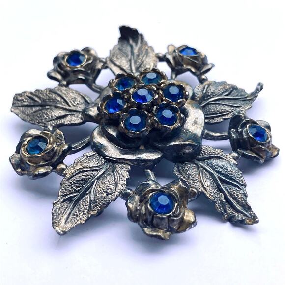 Vintage Mid Century Signed Little Nemo Floral Brooch Blue Rhinestone Flower Leaf - Picture 2 of 10